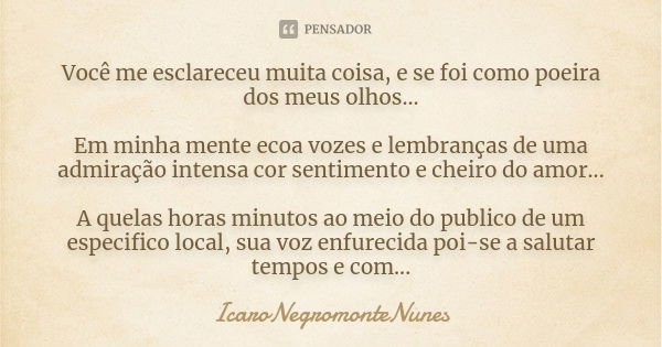 Você me esclareceu muita coisa, e se foi como poeira dos meus olhos... Em minha mente ecoa vozes e lembranças de uma admiração intensa cor sentimento e cheiro d... Frase de IcaroNegromonteNunes.