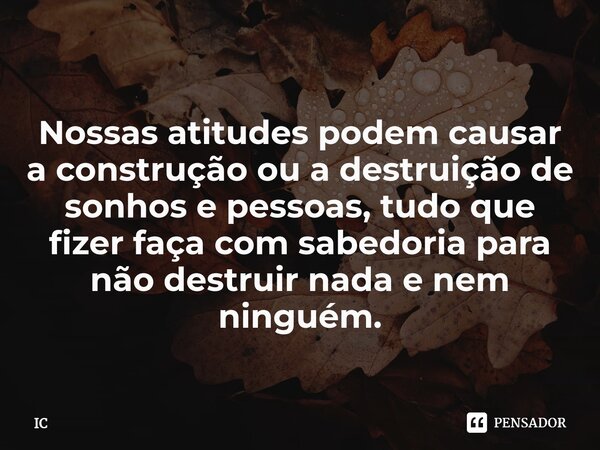 ⁠ Nossas atitudes podem causar a construção ou a destruição de sonhos e pessoas, tudo que fizer faça com sabedoria para não destruir nada e nem ninguém.... Frase de IC.