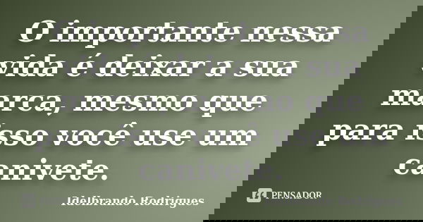 O importante nessa vida é deixar a sua marca, mesmo que para isso você use um canivete.... Frase de Idelbrando Rodrigues.