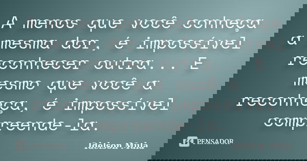A menos que você conheça a mesma dor, é impossível reconhecer outra... E mesmo que você a reconheça, é impossível compreende-la.... Frase de Idelson Mula.