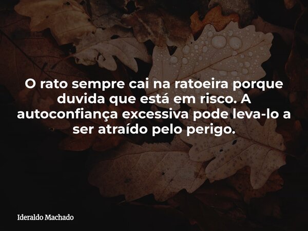 O rato sempre cai na ratoeira porque duvida que está em risco. A autoconfiança excessiva pode leva-lo a ser atraído pelo perigo.... Frase de Ideraldo Machado.