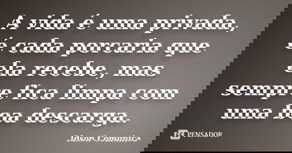 A vida é uma privada, é cada porcaria que ela recebe, mas sempre fica limpa com uma boa descarga.... Frase de Idson Comunica.