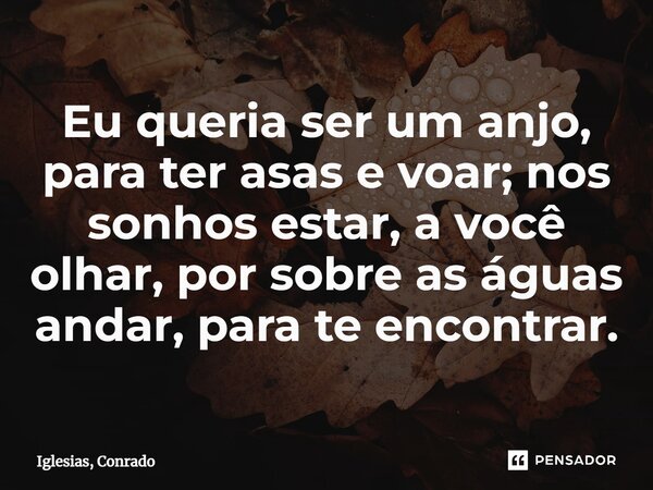 ⁠Eu queria ser um anjo, para ter asas e voar; nos sonhos estar, a você olhar, por sobre as águas andar, para te encontrar.... Frase de Iglesias, Conrado.
