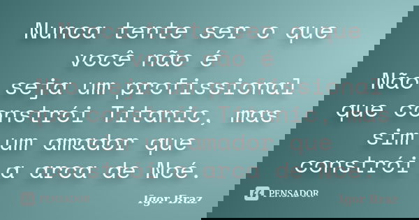 Nunca tente ser o que você não é Não seja um profissional que constrói Titanic, mas sim um amador que constrói a arca de Noé.... Frase de Igor Braz.