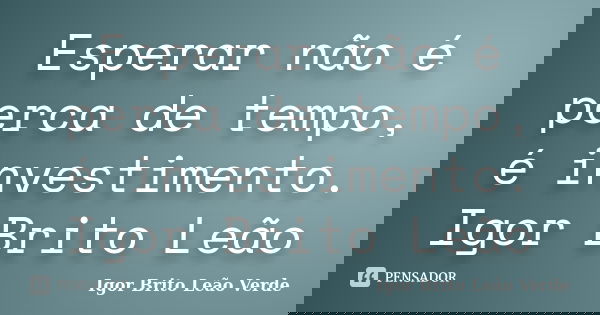 Esperar não é perca de tempo, é investimento. Igor Brito Leão... Frase de Igor Brito Leão Verde.