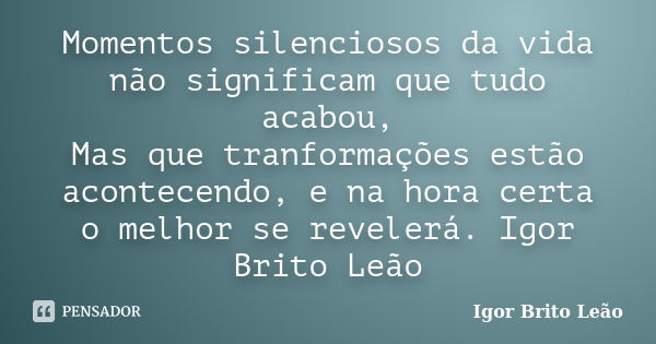 Momentos silenciosos da vida não significam que tudo acabou, Mas que tranformações estão acontecendo, e na hora certa o melhor se revelerá. Igor Brito Leão... Frase de Igor Brito Leão.