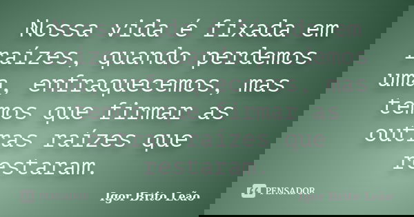 Nossa vida é fixada em raízes, quando perdemos uma, enfraquecemos, mas temos que firmar as outras raízes que restaram.... Frase de Igor Brito Leão.