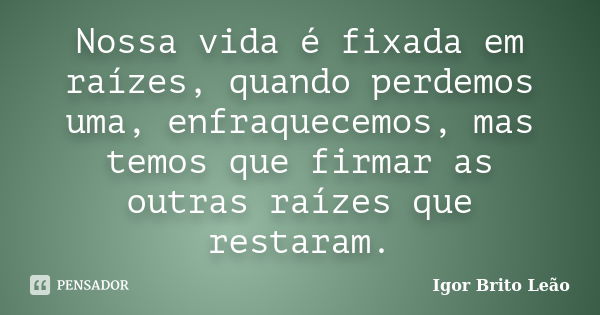 Nossa vida é fixada em raízes, quando perdemos uma, enfraquecemos, mas temos que firmar as outras raízes que restaram.... Frase de Igor Brito Leão.