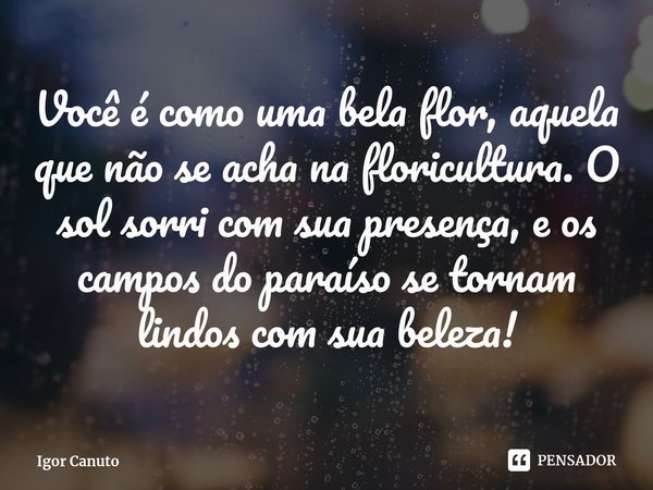 ⁠Você é como uma bela flor, aquela que não se acha na floricultura. O sol sorri com sua presença, e os campos do paraíso se tornam lindos com sua beleza!... Frase de Igor Canuto.