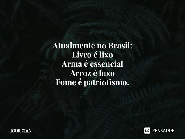 ⁠Atualmente no Brasil: Livro é lixo Arma é essencial Arroz é luxo Fome é patriotismo.... Frase de Igor Cian.
