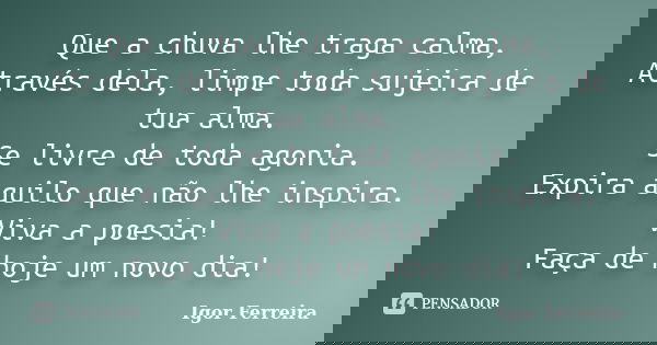 Que a chuva lhe traga calma, Através dela, limpe toda sujeira de tua alma. Se livre de toda agonia. Expira aquilo que não lhe inspira. Viva a poesia! Faça de ho... Frase de Igor Ferreira.