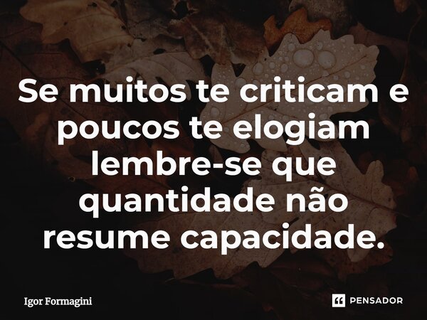 ⁠Se muitos te criticam e poucos te elogiam lembre-se que quantidade não resume capacidade.... Frase de Igor Formagini.