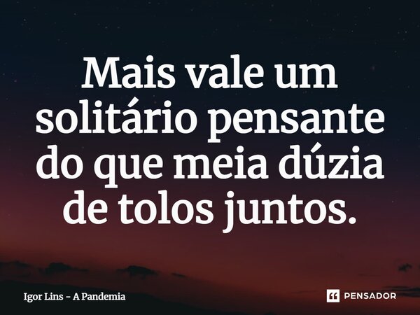 Mais vale um solitário pensante do que meia dúzia de tolos juntos.... Frase de Igor Lins - A Pandemia.