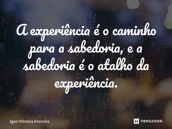 ⁠A experiência é o caminho para a sabedoria, e a sabedoria é o atalho da experiência.... Frase de Igor Oliveira Ferreira.