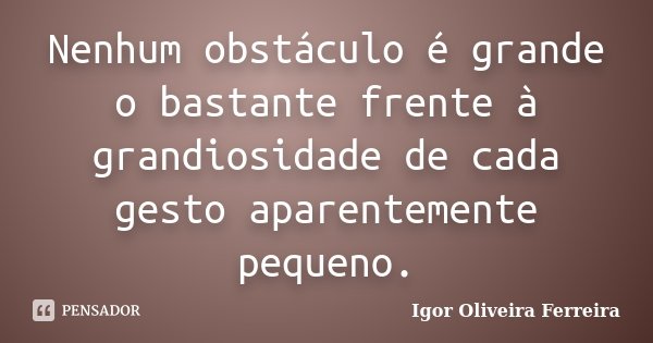 Nenhum obstáculo é grande o bastante frente à grandiosidade de cada gesto aparentemente pequeno.... Frase de Igor Oliveira Ferreira.