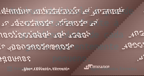 Nenhum obstáculo é grande o bastante frente à grandiosidade de cada gesto aparentemente pequeno.... Frase de Igor Oliveira Ferreira.