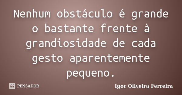 Nenhum obstáculo é grande o bastante frente à grandiosidade de cada gesto aparentemente pequeno.... Frase de Igor Oliveira Ferreira.