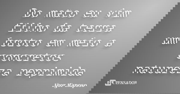 Do mato eu vim filho da terra um broto em meio a concretos natureza reprimida... Frase de Igor Raposo.