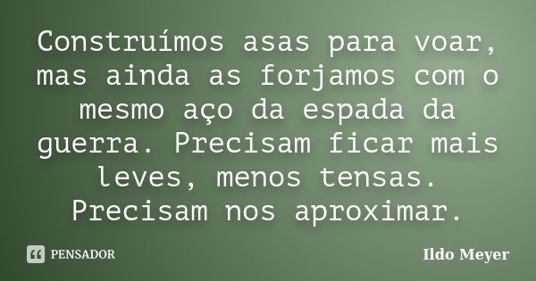 Construímos asas para voar, mas ainda as forjamos com o mesmo aço da espada da guerra. Precisam ficar mais leves, menos tensas. Precisam nos aproximar.... Frase de Ildo Meyer.