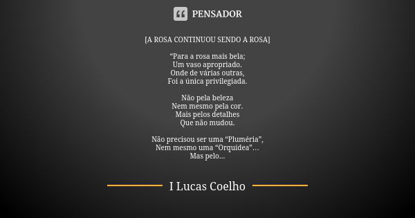 [A ROSA CONTINUOU SENDO A ROSA] “Para a rosa mais bela; Um vaso apropriado. Onde de várias outras, Foi a única privilegiada. Não pela beleza Nem mesmo pela cor.... Frase de I Lucas Coelho.