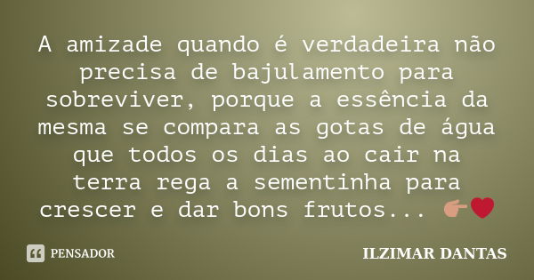 A amizade quando é verdadeira não precisa de bajulamento para sobreviver, porque a essência da mesma se compara as gotas de água que todos os dias ao cair na te... Frase de Ilzimar Dantas.