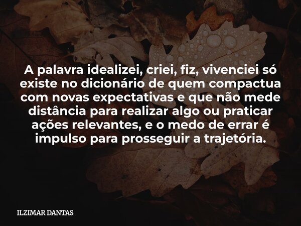 A palavra idealizei, criei, fiz, vivenciei só existe no dicionário de quem compactua com novas expectativas e que não mede distância para realizar algo ou prati... Frase de ILZIMAR DANTAS.