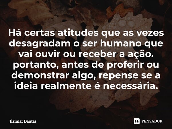 ⁠Há certas atitudes que as vezes desagradam o ser humano que vai ouvir ou receber a ação. portanto, antes de proferir ou demonstrar algo, repense se a ideia rea... Frase de ILZIMAR DANTAS.
