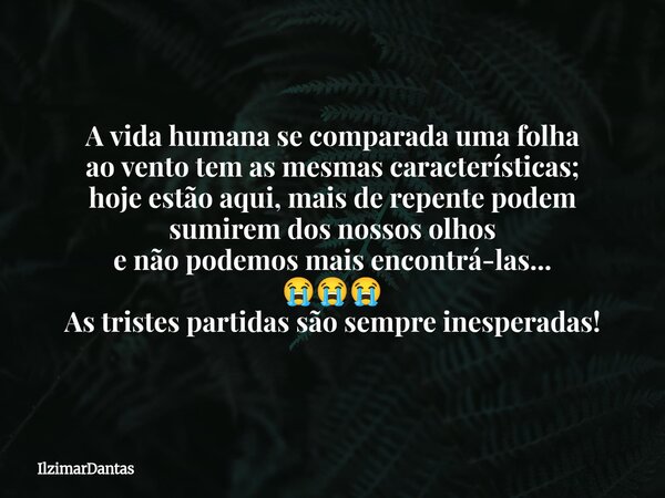 A vida humana se comparada uma folha ao vento tem as mesmas características; hoje estão aqui, mais de repente podem sumirem dos nossos olhos e não podemos mais ... Frase de IlzimarDantas.