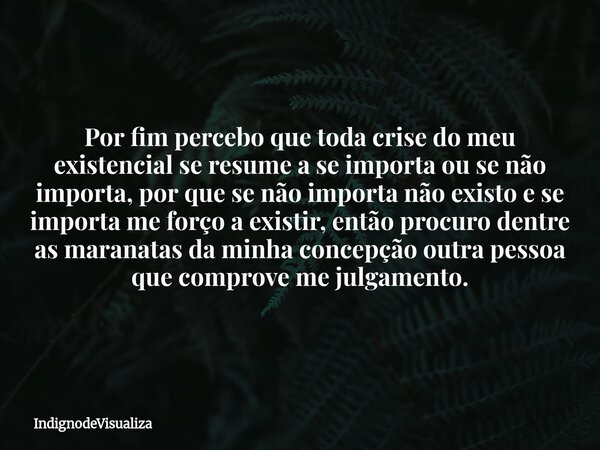 Por fim percebo que toda crise do meu existencial se resume a se importa ou se não importa, por que se não importa não existo e se importa me forço a existir, e... Frase de IndignodeVisualiza.