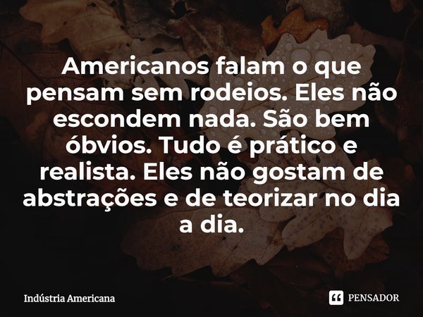 ⁠Americanos falam o que pensam sem rodeios. Eles não escondem nada. São bem óbvios. Tudo é prático e realista. Eles não gostam de abstrações e de teorizar no di... Frase de Indústria Americana.