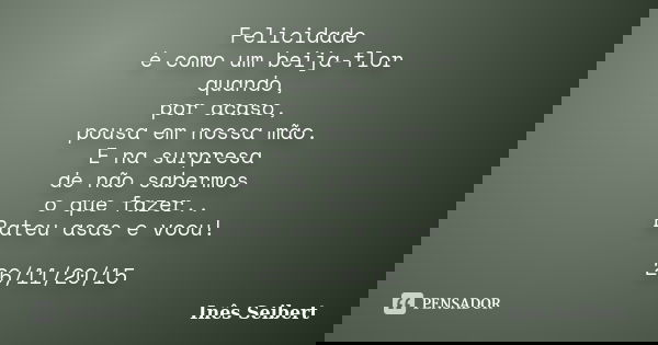 Felicidade é como um beija-flor quando, por acaso, pousa em nossa mão. E na surpresa de não sabermos o que fazer.. Bateu asas e voou! 26/11/20/15... Frase de Inês Seibert.