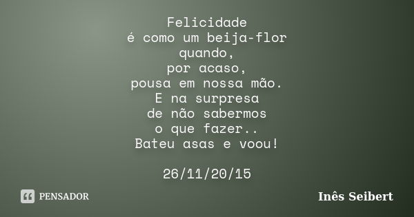 Felicidade é como um beija-flor quando, por acaso, pousa em nossa mão. E na surpresa de não sabermos o que fazer.. Bateu asas e voou! 26/11/20/15... Frase de Inês Seibert.