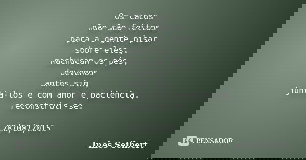 Os cacos não são feitos para a gente pisar sobre eles, machucam os pés, devemos antes sim, juntá-los e com amor e paciência, reconstruir-se. 28/08/2015... Frase de Inês Seibert.