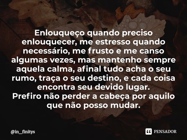 ⁠Enlouqueço quando preciso enlouquecer, me estresso quando necessário, me frusto e me canso algumas vezes, mas mantenho sempre aquela calma, afinal tudo acha o ... Frase de in_finitys.