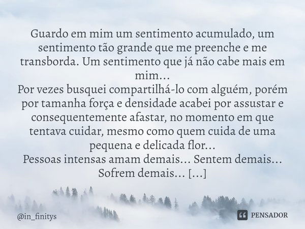 ⁠Guardo em mim um sentimento acumulado, um sentimento tão grande que me preenche e me transborda. Um sentimento que já não cabe mais em mim... Por vezes busquei... Frase de in_finitys.