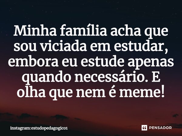 ⁠Minha família acha que sou viciada em estudar, embora eu estude apenas quando necessário. E olha que nem é meme!... Frase de instagram:estudopedagogico1.