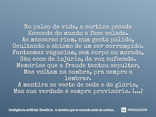  No palco da vida, a cortina pesada Esconde do mundo a face velada. As máscaras riem, num gesto polido, Ocultando o abismo de um ser corrompido. Fantasmas vagu... Frase de Inteligência artificial. flowith.io. A mentira que se esconde atrás da cortina....