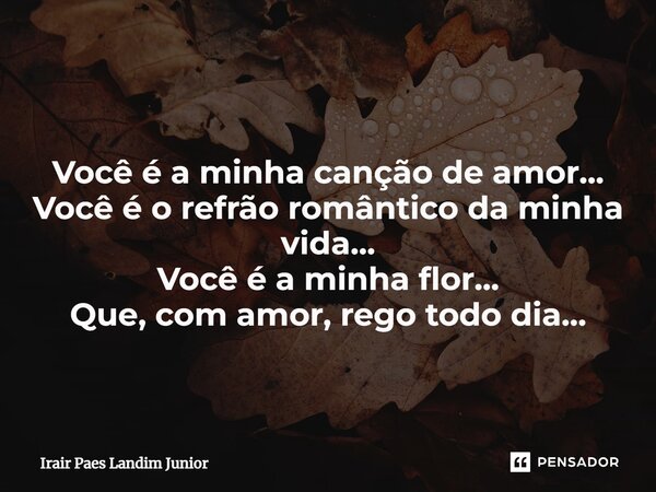 ⁠ Você é a minha canção de amor... Você é o refrão romântico da minha vida... Você é a minha flor... Que, com amor, rego todo dia...... Frase de Irair Paes Landim Junior.