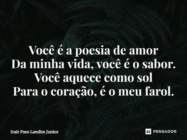 ⁠ Você é a poesia de amor Da minha vida, você é o sabor. Você aquece como sol Para o coração, é o meu farol.... Frase de Irair Paes Landim Junior.