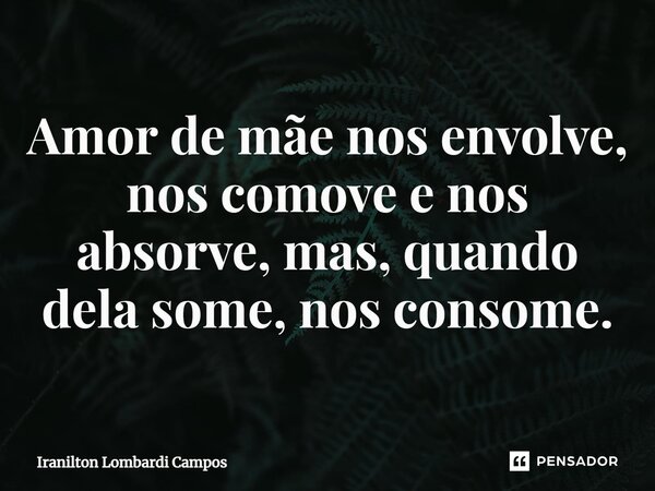 ⁠Amor de mãe nos envolve, nos comove e nos absorve, mas, quando dela some, nos consome.... Frase de Iranilton Lombardi Campos.