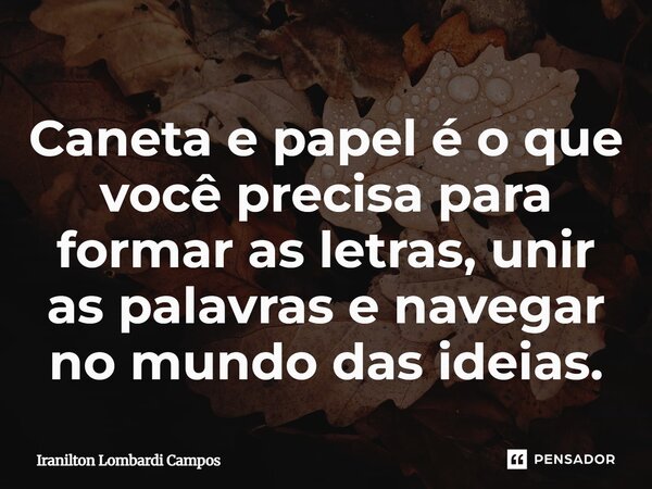 ⁠Caneta e papel é o que você precisa para formar as letras, unir as palavras e navegar no mundo das ideias.... Frase de Iranilton Lombardi Campos.