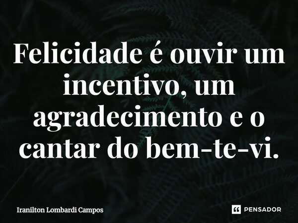 ⁠Felicidade é ouvir um incentivo, um agradecimento e o cantar do bem-te-vi.... Frase de Iranilton Lombardi Campos.