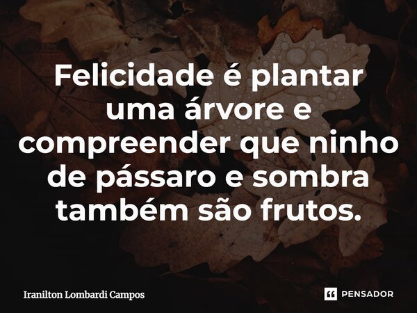⁠Felicidade é plantar uma árvore e compreender que ninho de pássaro e sombra também são frutos.... Frase de Iranilton Lombardi Campos.