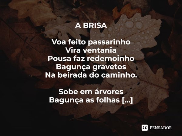 ⁠A BRISA Voa feito passarinho
Vira ventania
Pousa faz redemoinho
Bagunça gravetos
Na beirada do caminho. Sobe em árvores
Bagunça as folhas
Derruba raminhos
Que ... Frase de irarodrigues.