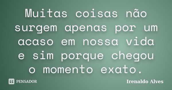 Muitas coisas não surgem apenas por um acaso em nossa vida e sim porque chegou o momento exato.... Frase de Irenaldo Alves.