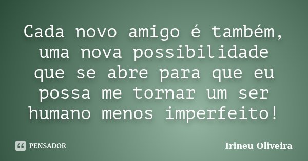 Cada novo amigo é também, uma nova possibilidade que se abre para que eu possa me tornar um ser humano menos imperfeito!... Frase de Irineu Oliveira.