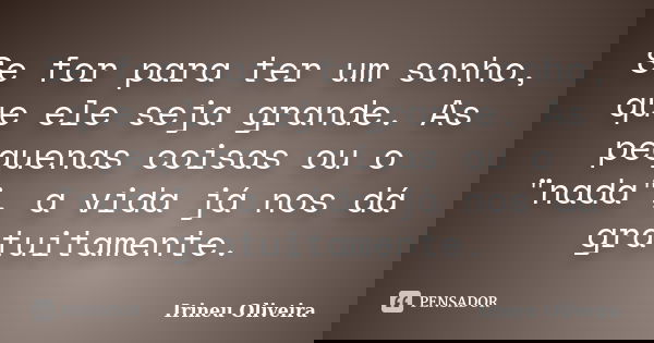 Se for para ter um sonho, que ele seja grande. As pequenas coisas ou o "nada", a vida já nos dá gratuitamente.... Frase de Irineu Oliveira.