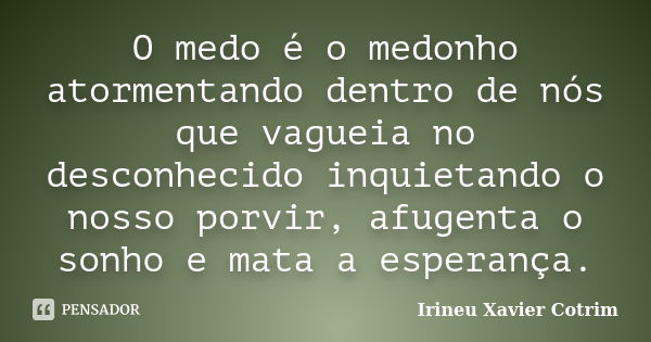 O medo é o medonho atormentando dentro de nós que vagueia no desconhecido inquietando o nosso porvir, afugenta o sonho e mata a esperança.... Frase de irineu Xavier Cotrim.