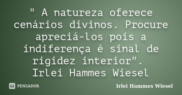 " A natureza oferece cenários divinos. Procure apreciá-los pois a indiferença é sinal de rigidez interior". Irlei Hammes Wiesel... Frase de Irlei Hammes Wiesel.