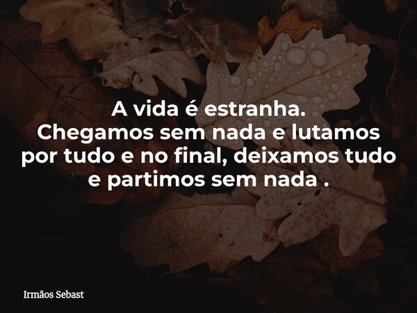 A vida é estranha. Chegamos sem nada e lutamos por tudo e no final, deixamos tudo e partimos sem nada .... Frase de Irmãos Sebast.